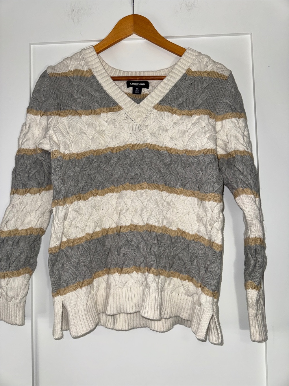 Lands' End Drifter V-Neck Cable Knit Stripe Sweater Cream & Gray comfy Sz Medium
